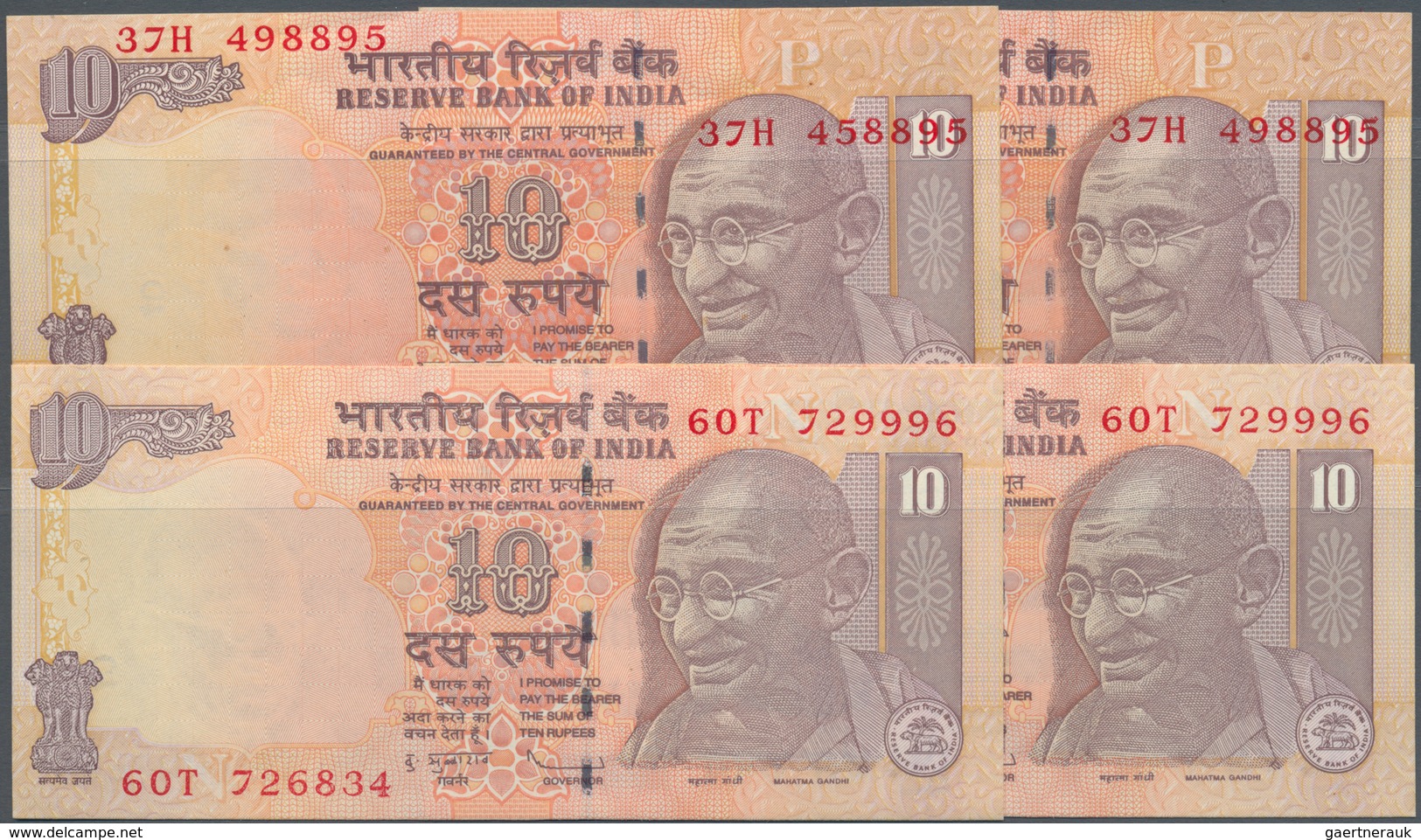 India / Indien: Set Of 4 Error Notes Of P. 95, Two Of Them With Two Different Serial Numbers Printed - India