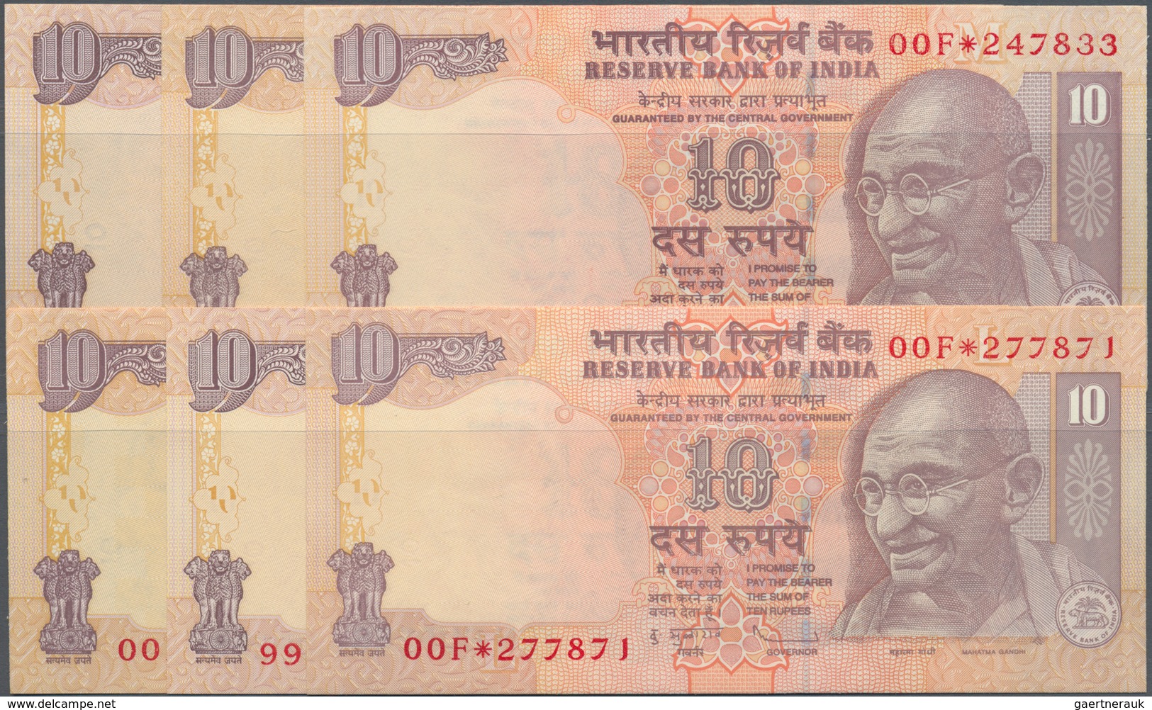 India / Indien: Set Of 6 Notes Of 10 Rupees Replacement Banknote P. 95, All In Condition: UNC. (6 Pc - Indien