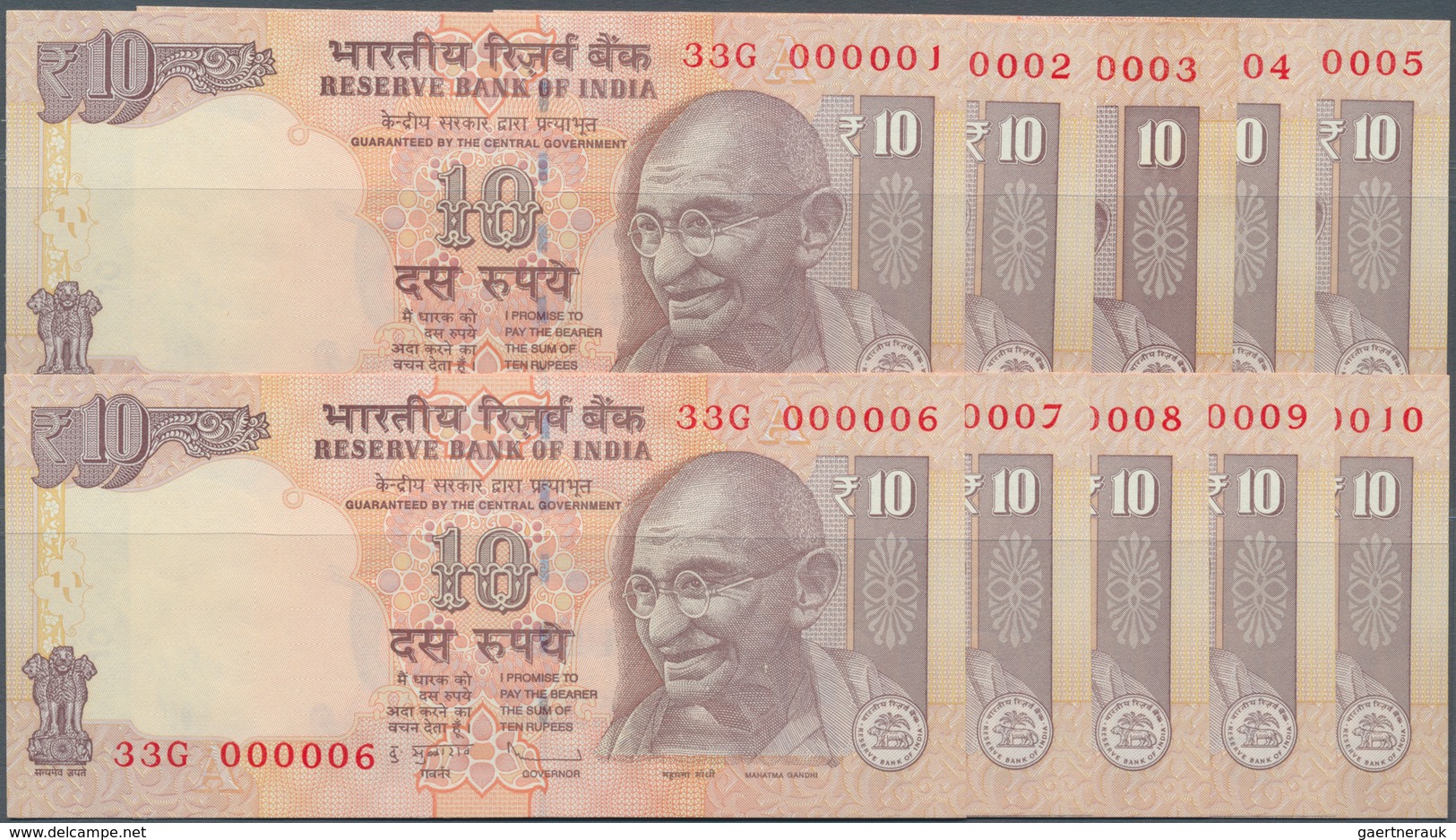 India / Indien: Set Of 10 Pcs 10 Rupees ND P. 102 With Interesting Serial Numbers, Consecutive From - India