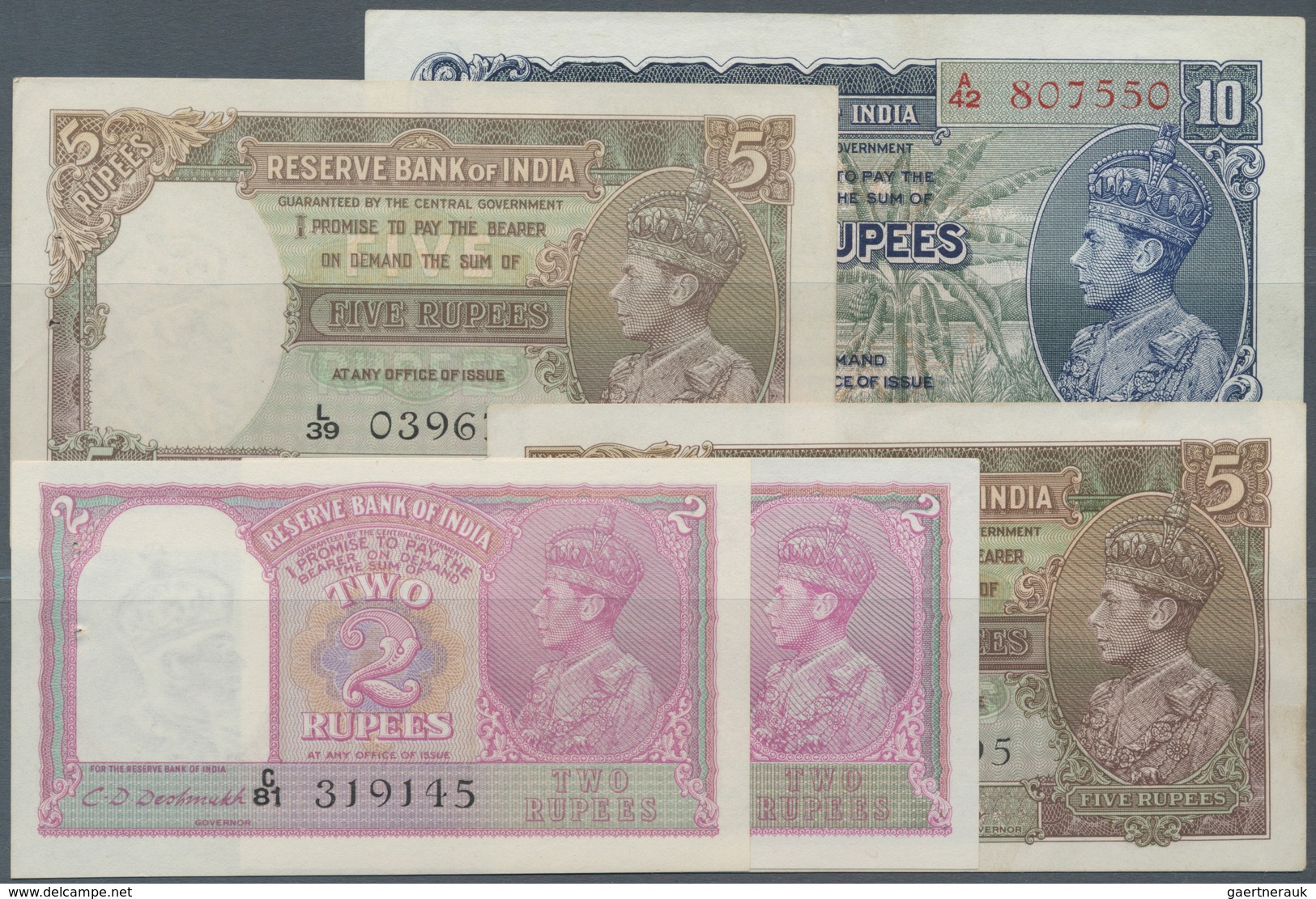 India / Indien: Set Of 5 Interesting Banknotes Containing 2x 2 Rupees Sign. Taylor & Deshmukh, 2x 5 - India