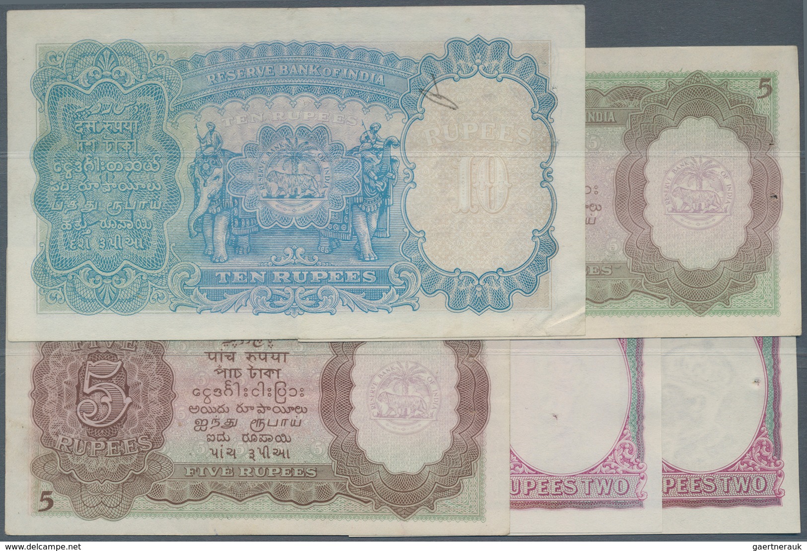 India / Indien: Set Of 5 Interesting Banknotes Containing 2x 2 Rupees Sign. Taylor & Deshmukh, 2x 5 - India