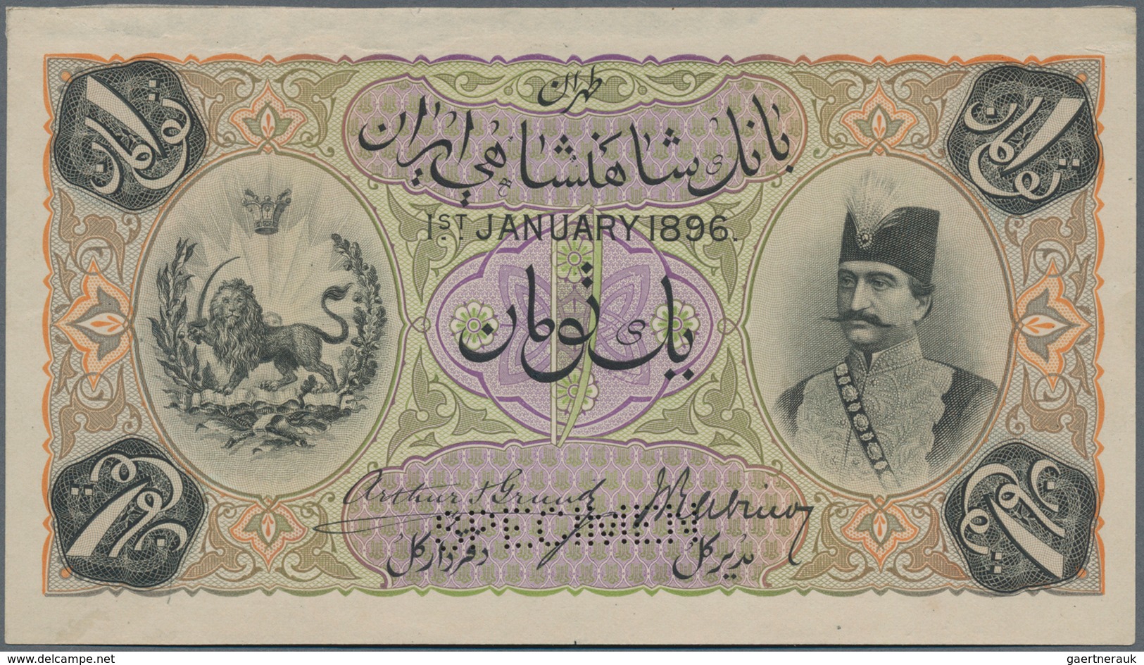 Iran: Highly Rare Front Proof Print Of 1 Toman 1896 P. 1sp Specimen Iwith Specimen Perforation, Unif - Iran