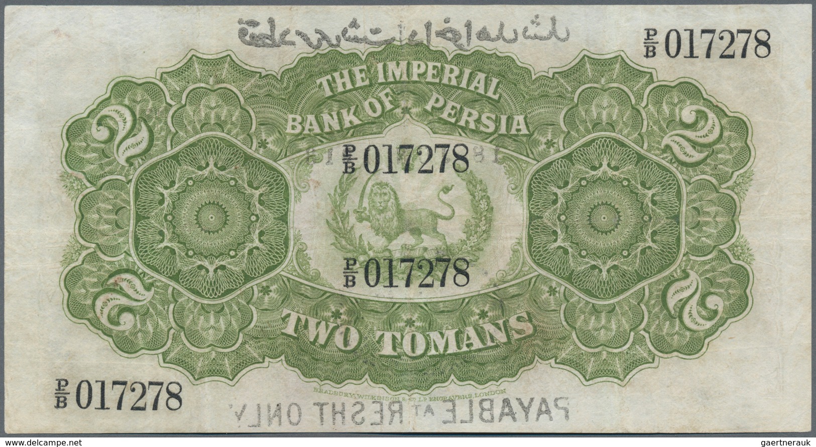 Iran: Very Rare Banknote 2 Tomans 1913 P. 2, Payable At "Resht" Only, Pressed And With Light Folds I - Iran