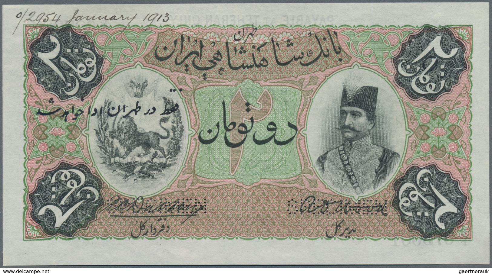 Iran: Very Rare Banknote Of 2 Tomans 1913 P. 2s, With Printers Annotation At Upper Border, Specimen - Irán