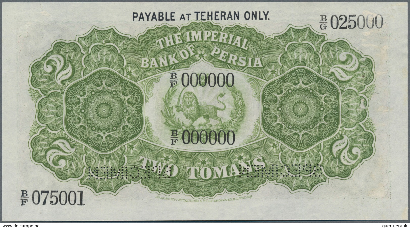 Iran: Very Rare Banknote Of 2 Tomans 1913 P. 2s, With Printers Annotation At Upper Border, Specimen - Irán