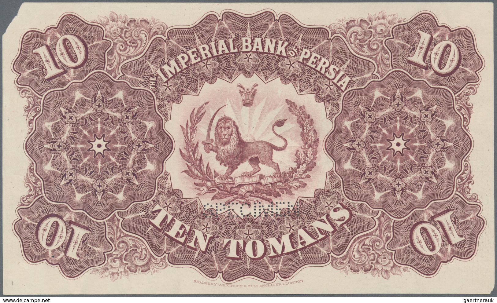 Iran: Imperial Bank Of Persia Front And Reverse Specimen Of 10 Toman July 1st 1897, Printed By Bradb - Irán
