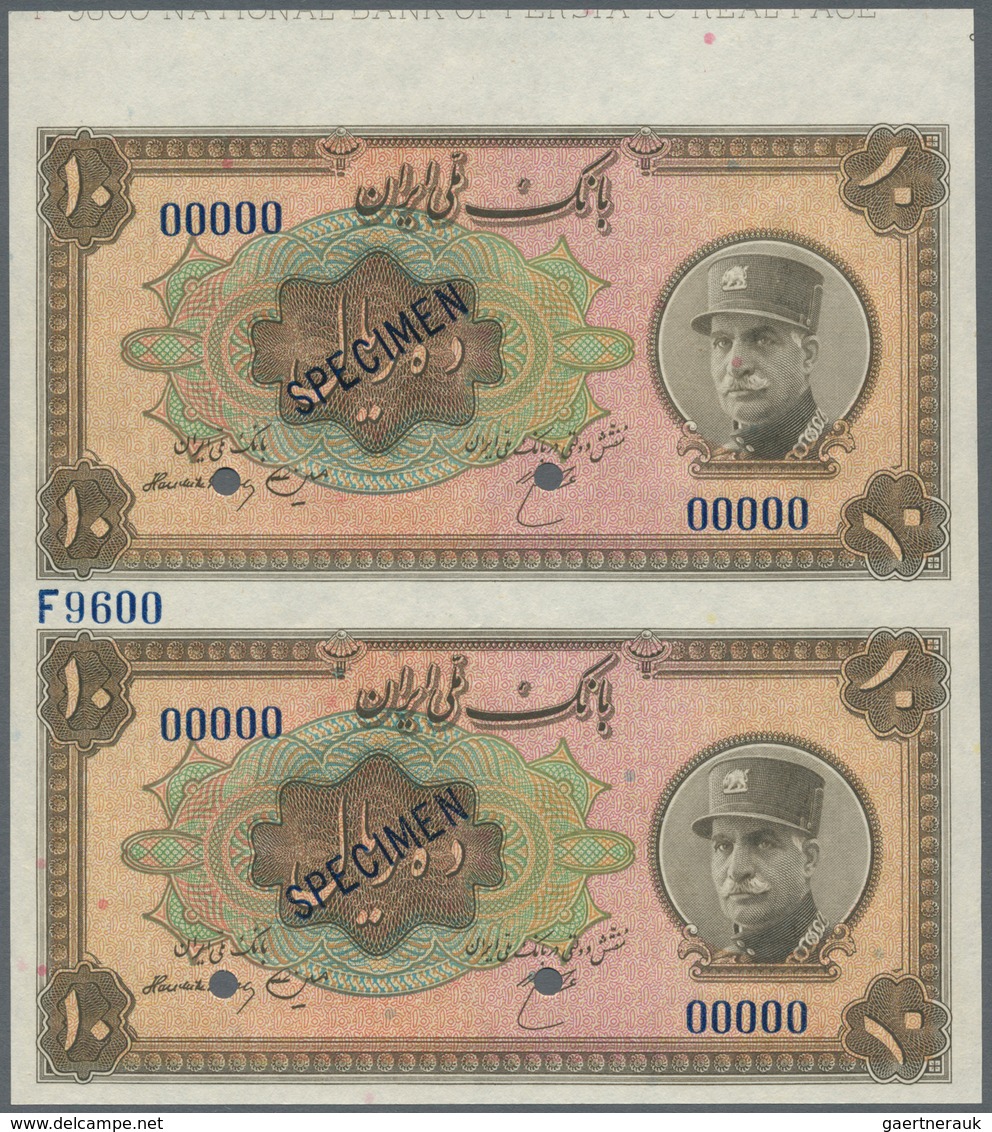 Iran: Uncut Pair Of The 10 Rials SH1313 (1933-34) SPECIMEN, P.25as With Diagonal Overprint "Specimen - Irán