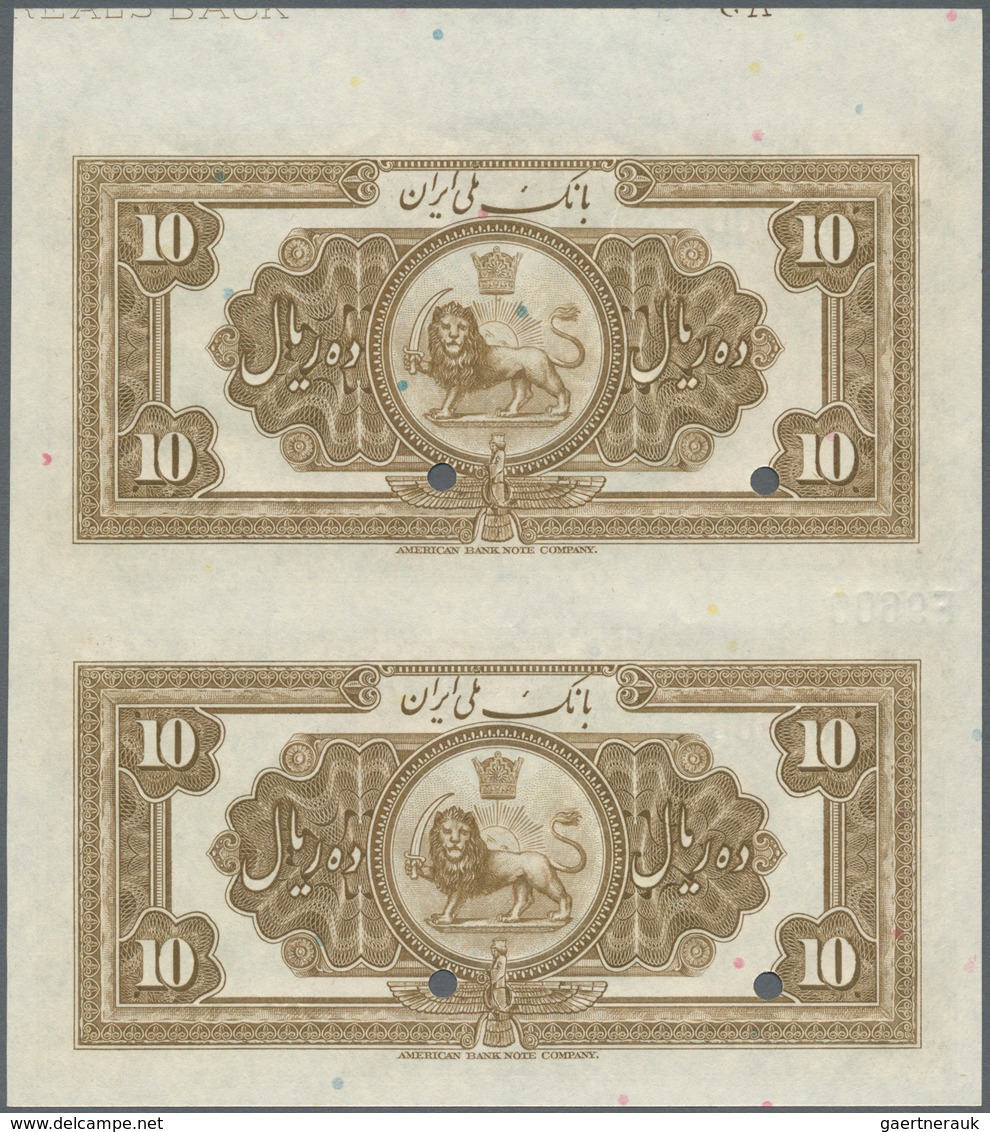 Iran: Uncut Pair Of The 10 Rials SH1313 (1933-34) SPECIMEN, P.25as With Diagonal Overprint "Specimen - Iran