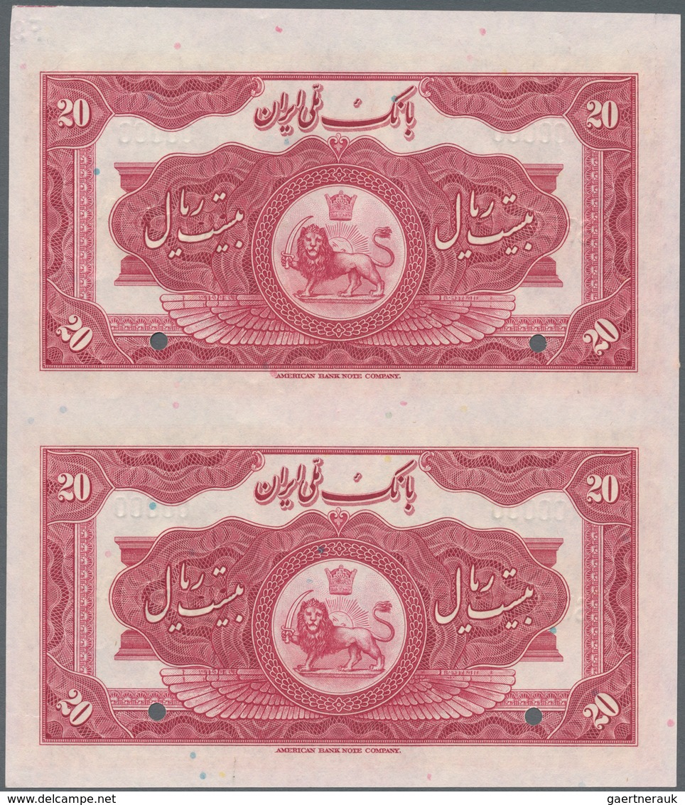 Iran: Uncut Pair Of The 20 Rials SH1313 (1933-34) SPECIMEN, P.26as With Diagonal Overprint "Specimen - Iran