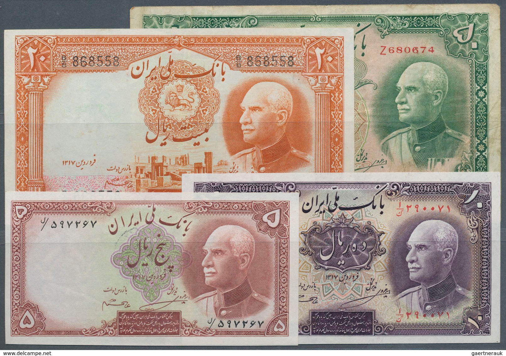 Iran: Set Of 5 Banknotes Containing 5 Rials 1942 P. 32Ae (aUNC), 10 Rials 1938 P. 32Aa (UNC), 20 Ria - Iran