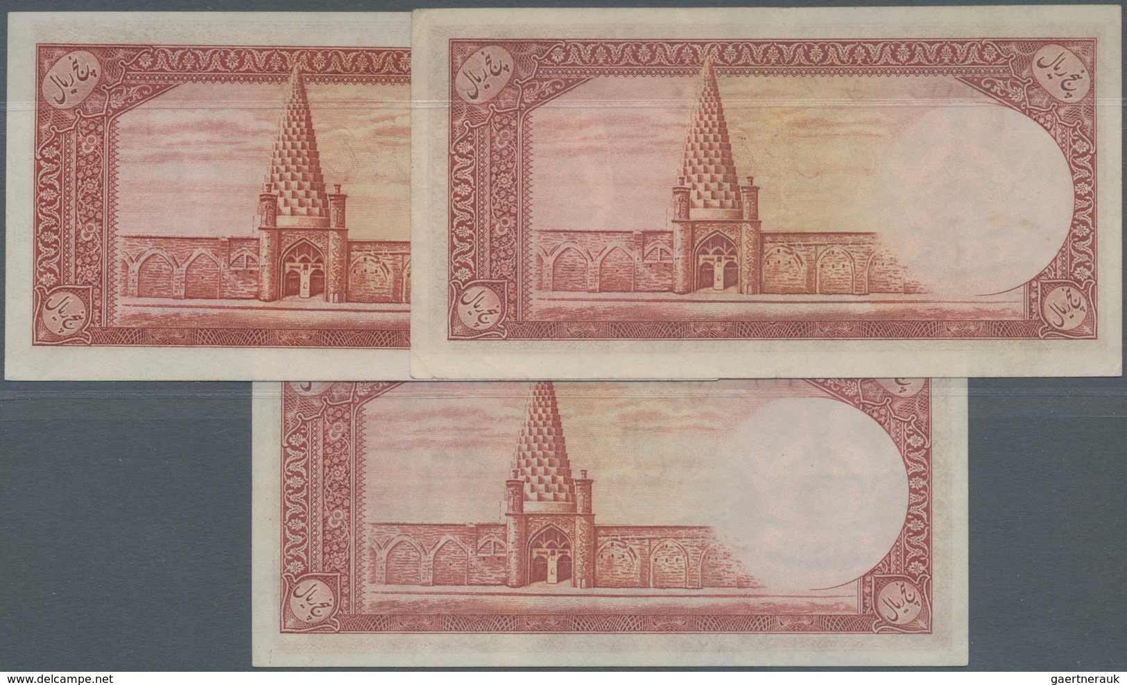 Iran: Set Of 3 Notes 5 Rials ND(1944) P. 39, All In Same Condition: AUNC. (3 Pcs) - Irán