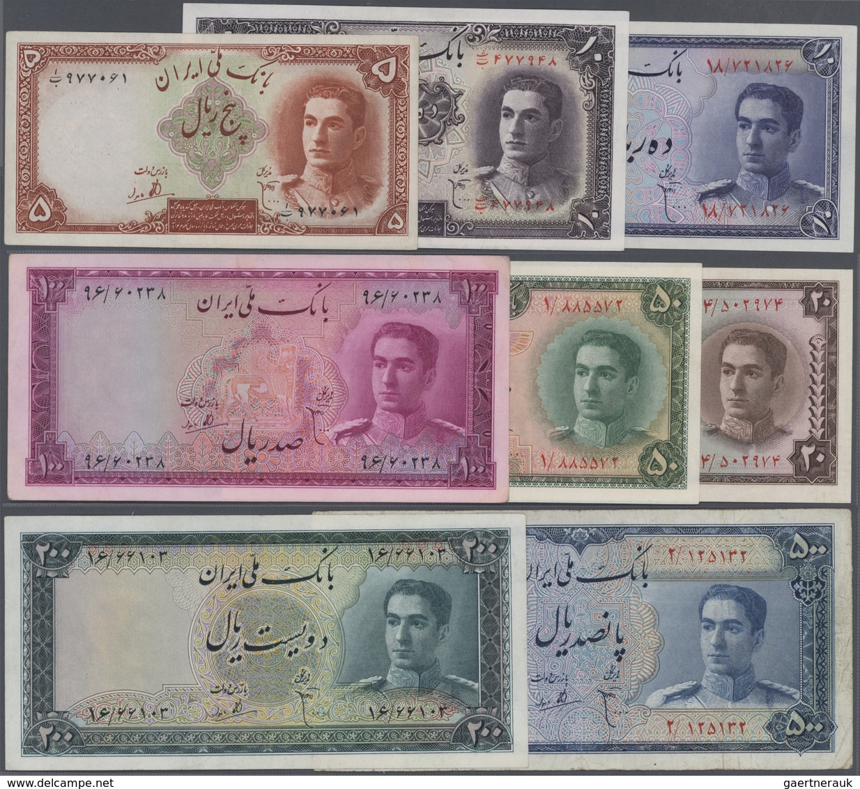 Iran: Set Of 8 Notes Containing 5 And 10 Rials 1944 P. 39, 40 (UNC And AUNC), 10 And 20 Rials 1948 P - Iran