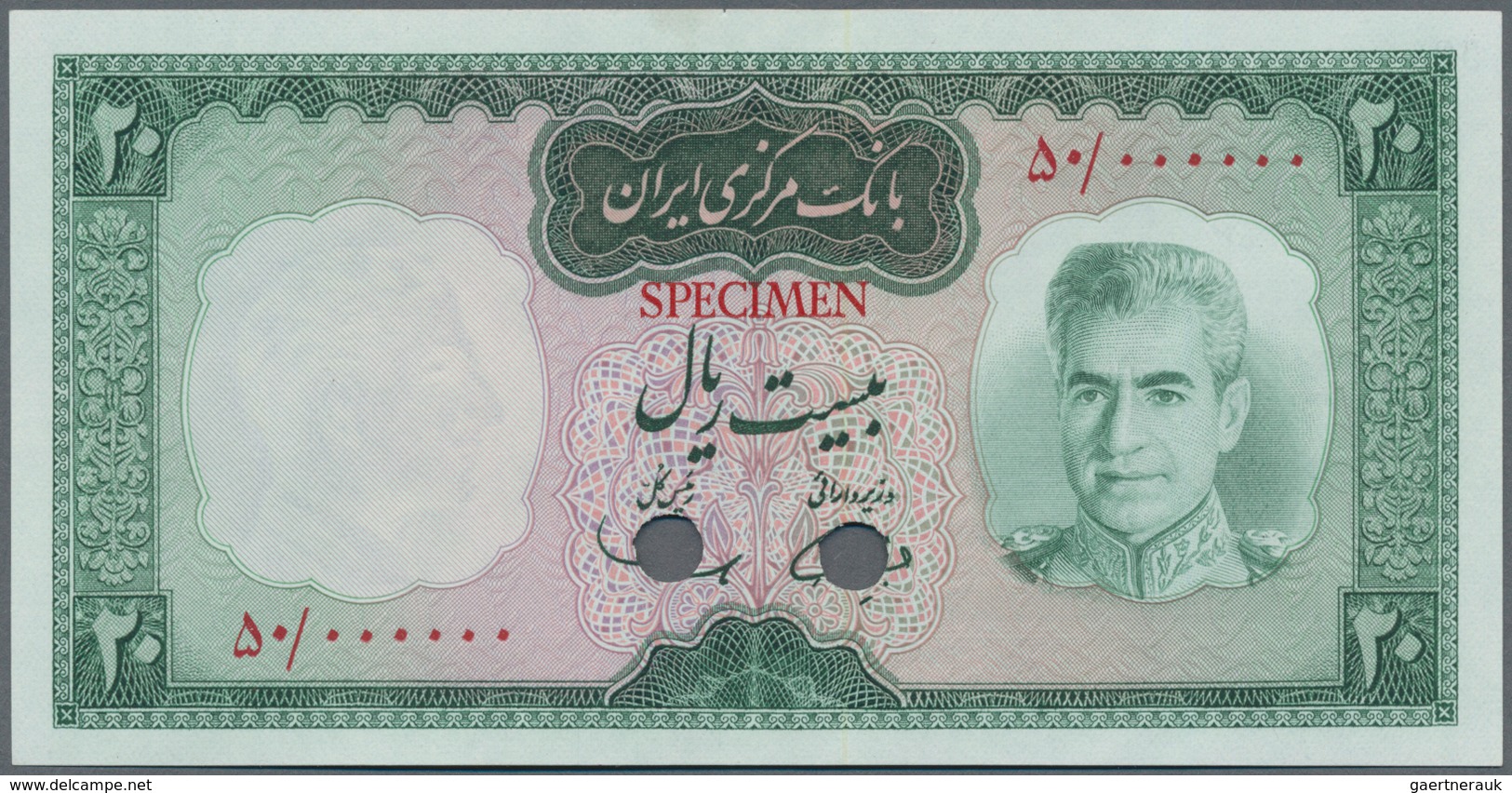 Iran: 20 Rials ND(1970) Specimen P. 85s With Zero Serial Numbers, Red Specimen Overprint And Cancell - Iran