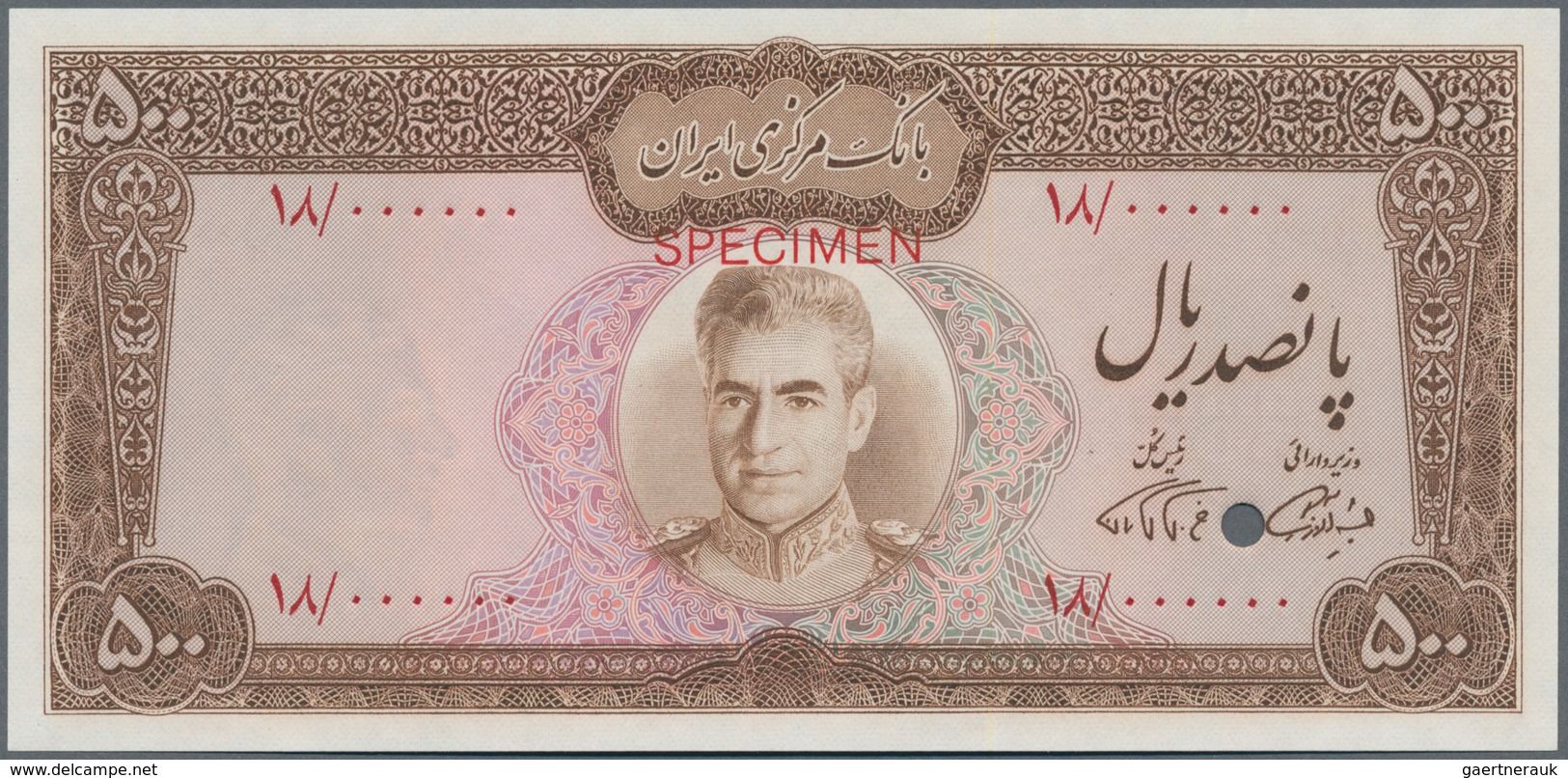 Iran: 500 Rials ND Specimen P. 93s With Zero Serial Numbers, Red Specimen Overprint And Cancellation - Irán