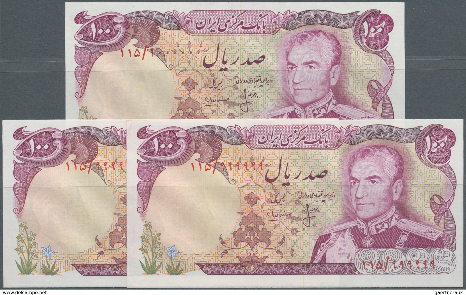 Iran: Set Of 3 Rare Banknote With Interesting Serial Numbers On 100 Rials ND P. 102b, With Serial #1 - Iran