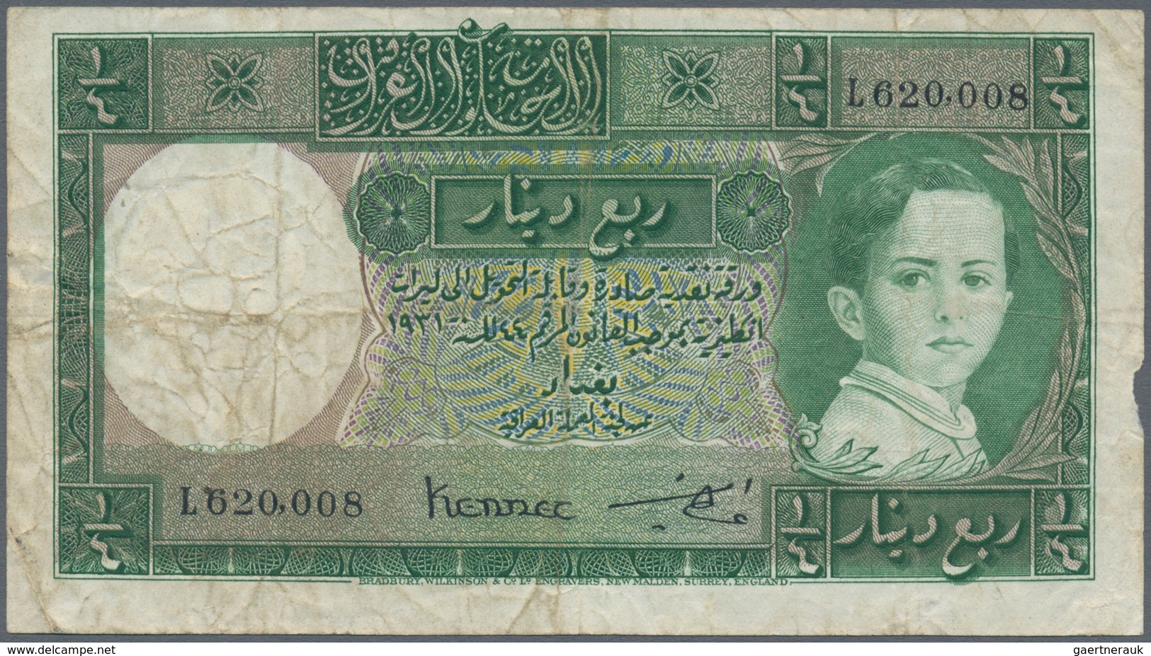 Iraq / Irak: 1/4 Dinar 1941 P. 16 In Used Condition With Several Folds And Creases, Light Stain In P - Irak