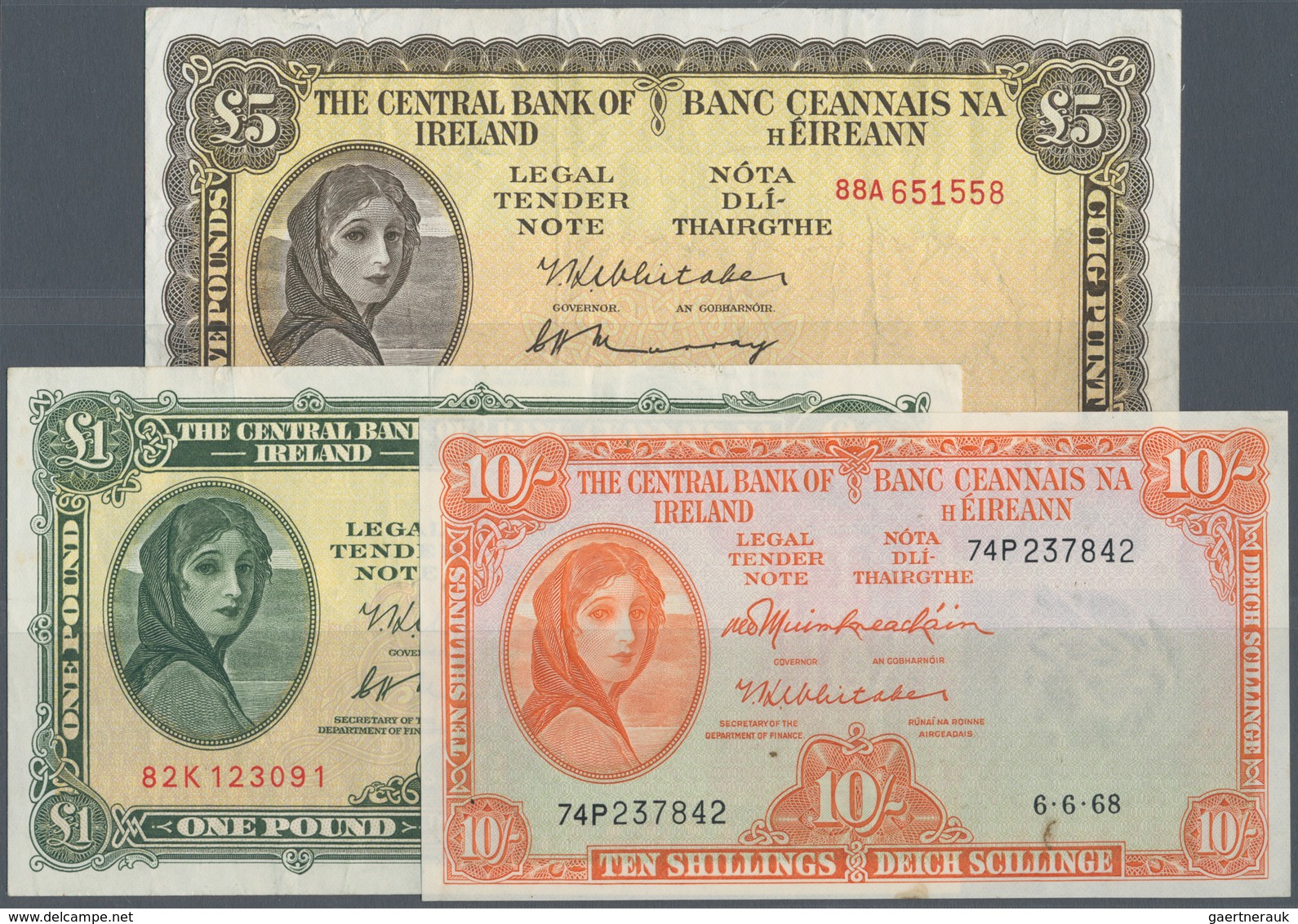 Ireland / Irland: Set Of 3 Banknotes Containing 10 Shillings 1968 P. 63a (XF To XF+), 1 Pound 1975 P - Irland