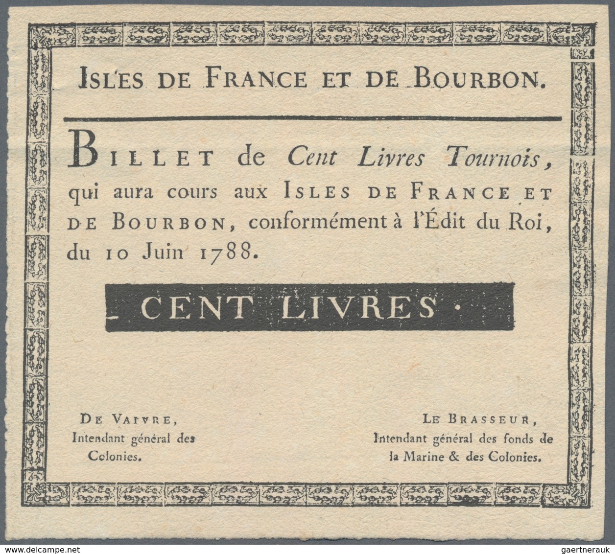 Isle De France Et De Bourbon: 100 Livres Tournois 1788 (collectors Series, Printed In The 1920's), L - Assignate