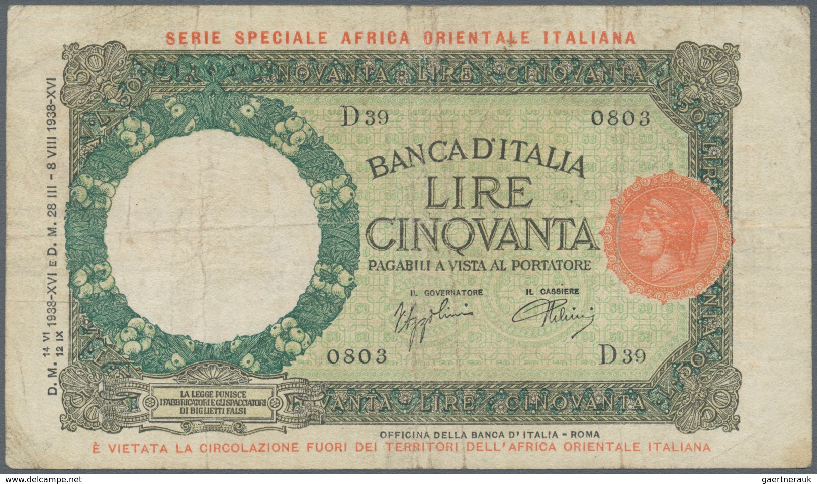 Italian East Africa / Italienisch Ost-Afrika: Set Of 2 Notes 50 Lire 1938 P. 1, The First With Only - Italienisch Ostafrika