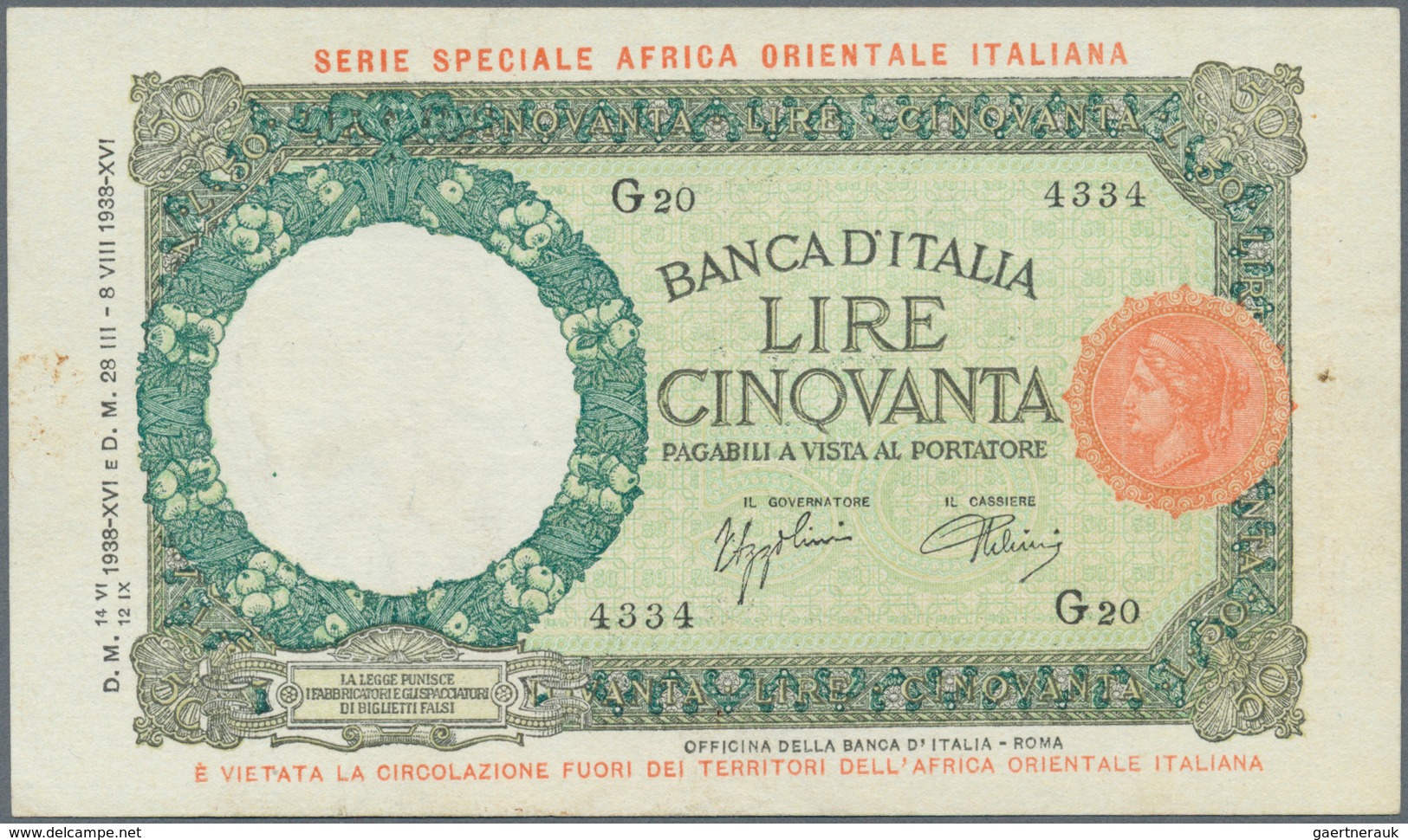 Italian East Africa / Italienisch Ost-Afrika: 50 Lire 1938 P. 1, Pressed But Strong Paper With Origi - Africa Oriental Italiana