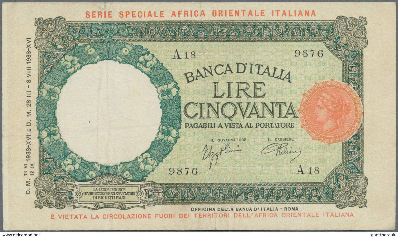 Italian East Africa / Italienisch Ost-Afrika: 50 Lire 1938 P. 1, Used With Folds, Pressed But Strong - Italienisch Ostafrika