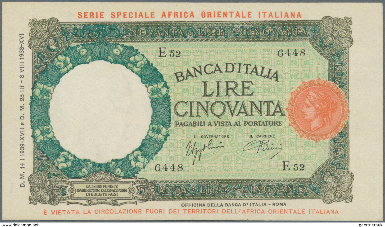 Italian East Africa / Italienisch Ost-Afrika: 50 Lire 1939 P. 1, Light Center Fold, No Holes Or Tear - Italiaans Oost-Afrika