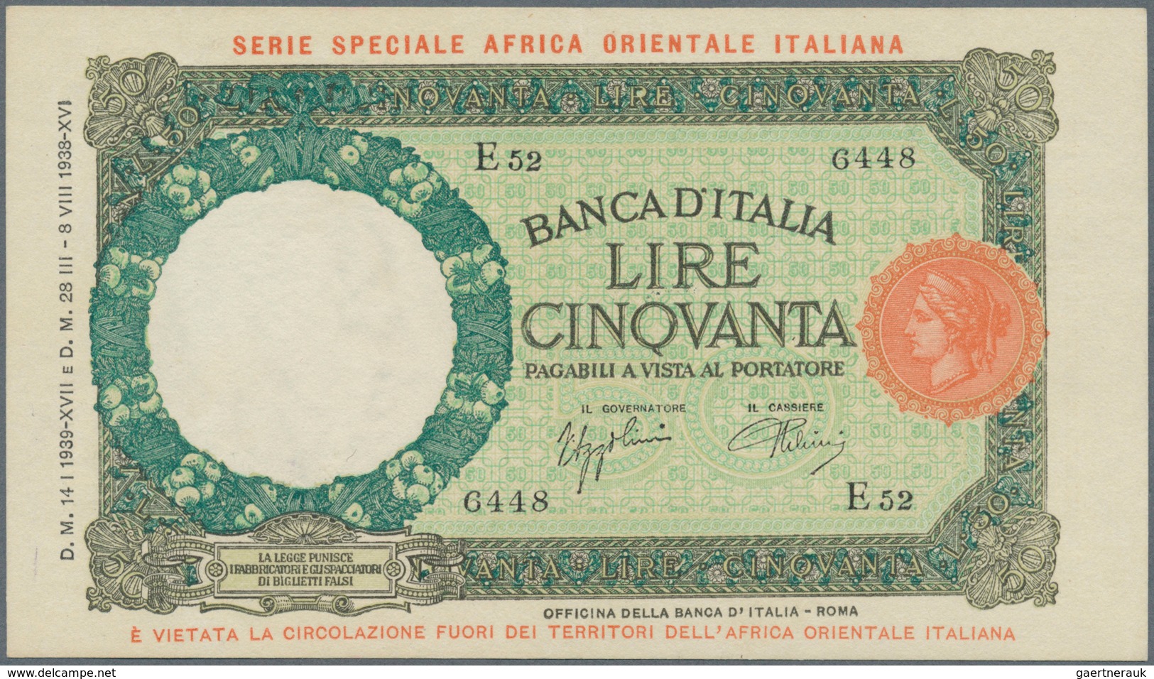 Italian East Africa / Italienisch Ost-Afrika: 50 Lire 1939 P. 1, Light Center Fold, No Holes Or Tear - Italienisch Ostafrika