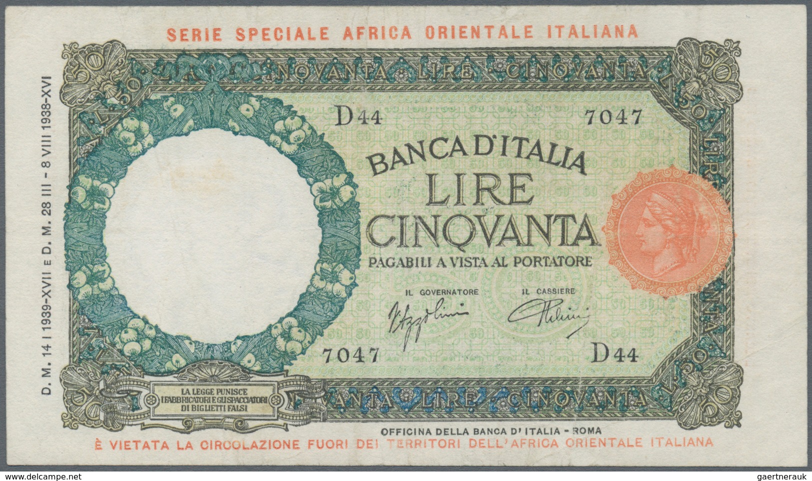 Italian East Africa / Italienisch Ost-Afrika: 50 Lire 1939 P. 1, Light Vertial And Horizontal Folds - Italiaans Oost-Afrika