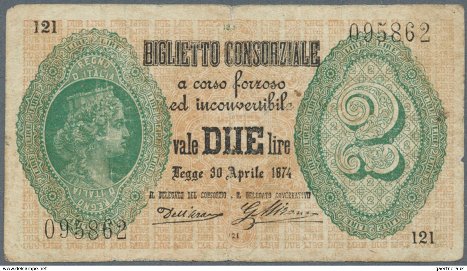 Italy / Italien: 2 Lire 1874 Biglietto Consorziale P. 3, Used With Center Fold And Light Stain In Pa - Andere & Zonder Classificatie