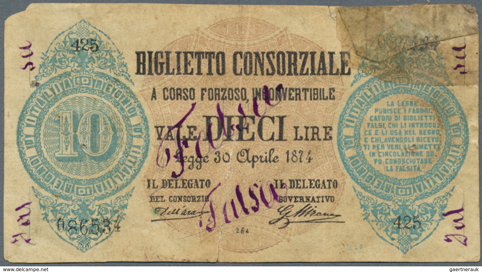 Italy / Italien: Rare Contemporary Forgery Of Biglietto Consorziale 10 Lire 1874 P. 5(f), Marked Sev - Otros & Sin Clasificación