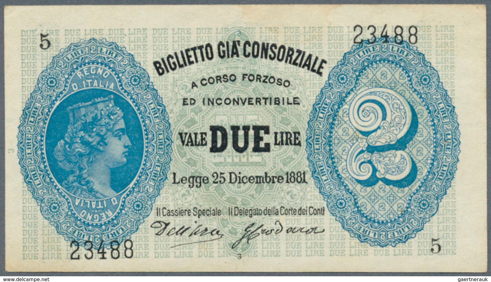 Italy / Italien: 2 Lire 1881 Biglietto Gia'Consorziale P. 11, Rare Note With Only One Pinhole, Crisp - Otros & Sin Clasificación