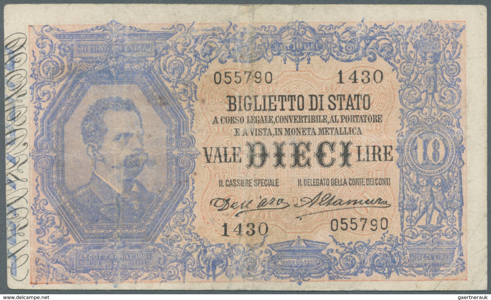 Italy / Italien: 10 Lire 1888 P. 20d, Used With Folds And Stain In Paper, Pressed, No Holes Or Tears - Otros & Sin Clasificación