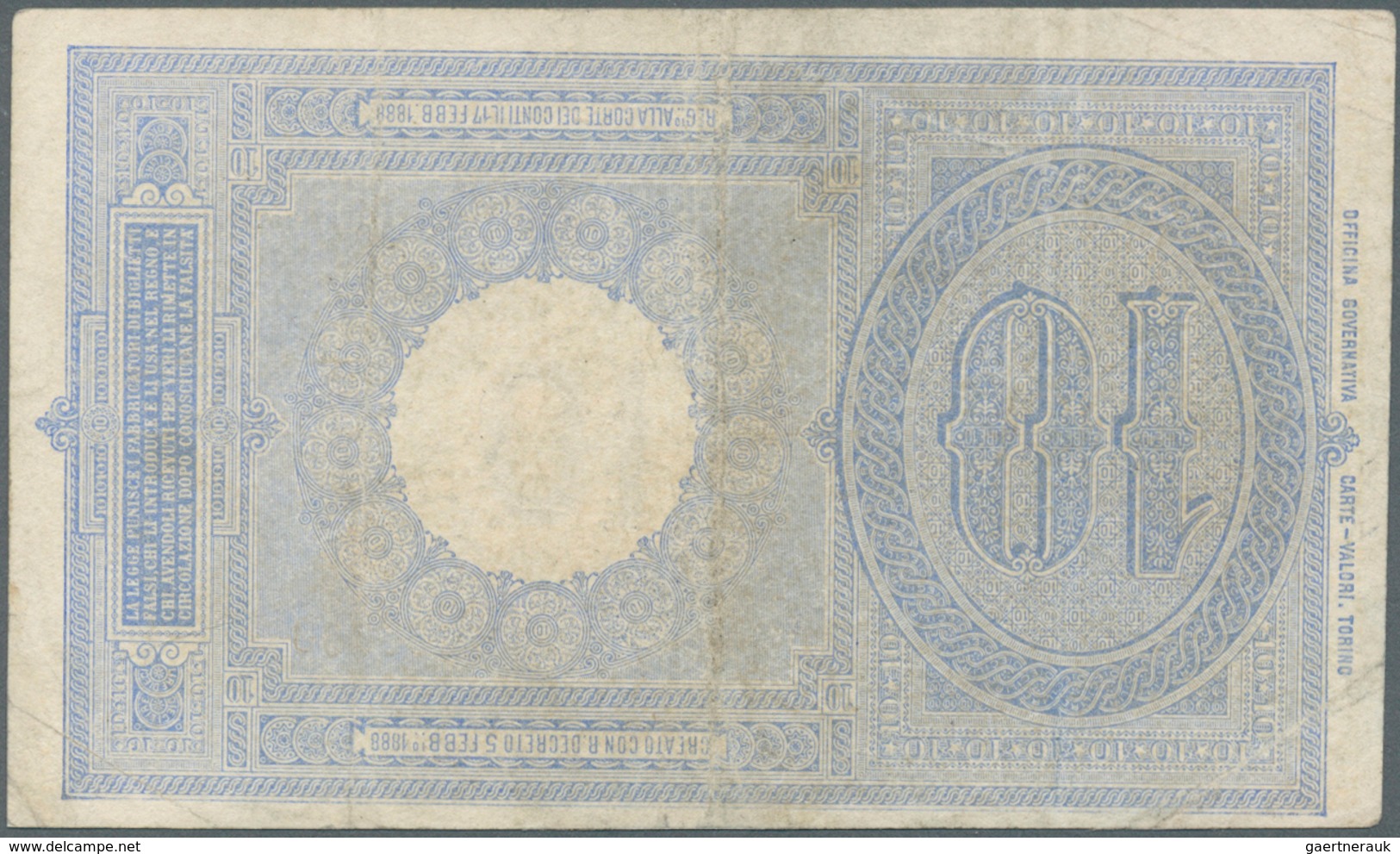 Italy / Italien: 10 Lire 1888 P. 20d, Used With Folds And Stain In Paper, Pressed, No Holes Or Tears - Andere & Zonder Classificatie