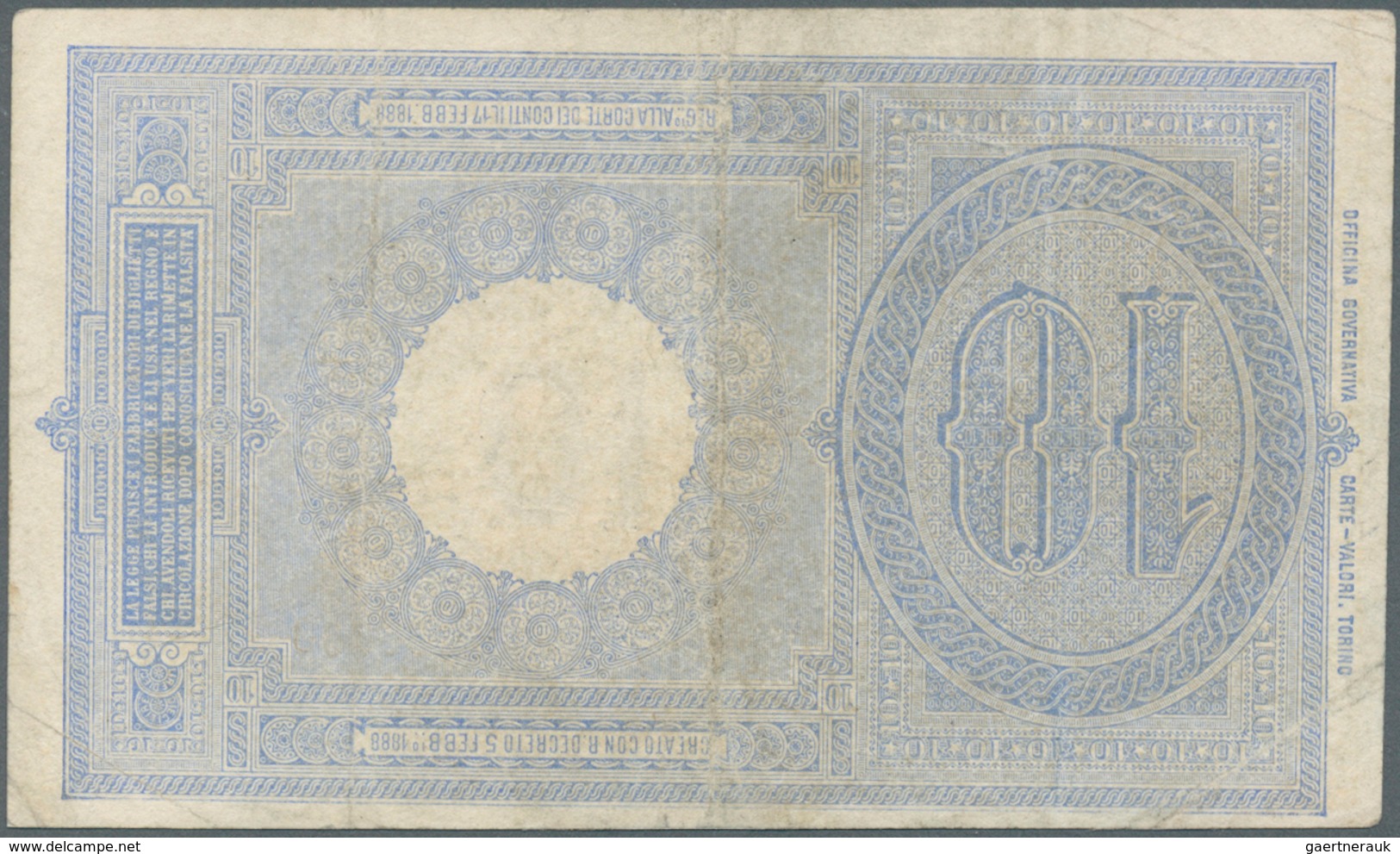 Italy / Italien: 10 Lire 1888 P. 20d, Used With Folds And Stain In Paper, Pressed, No Holes Or Tears - Otros & Sin Clasificación