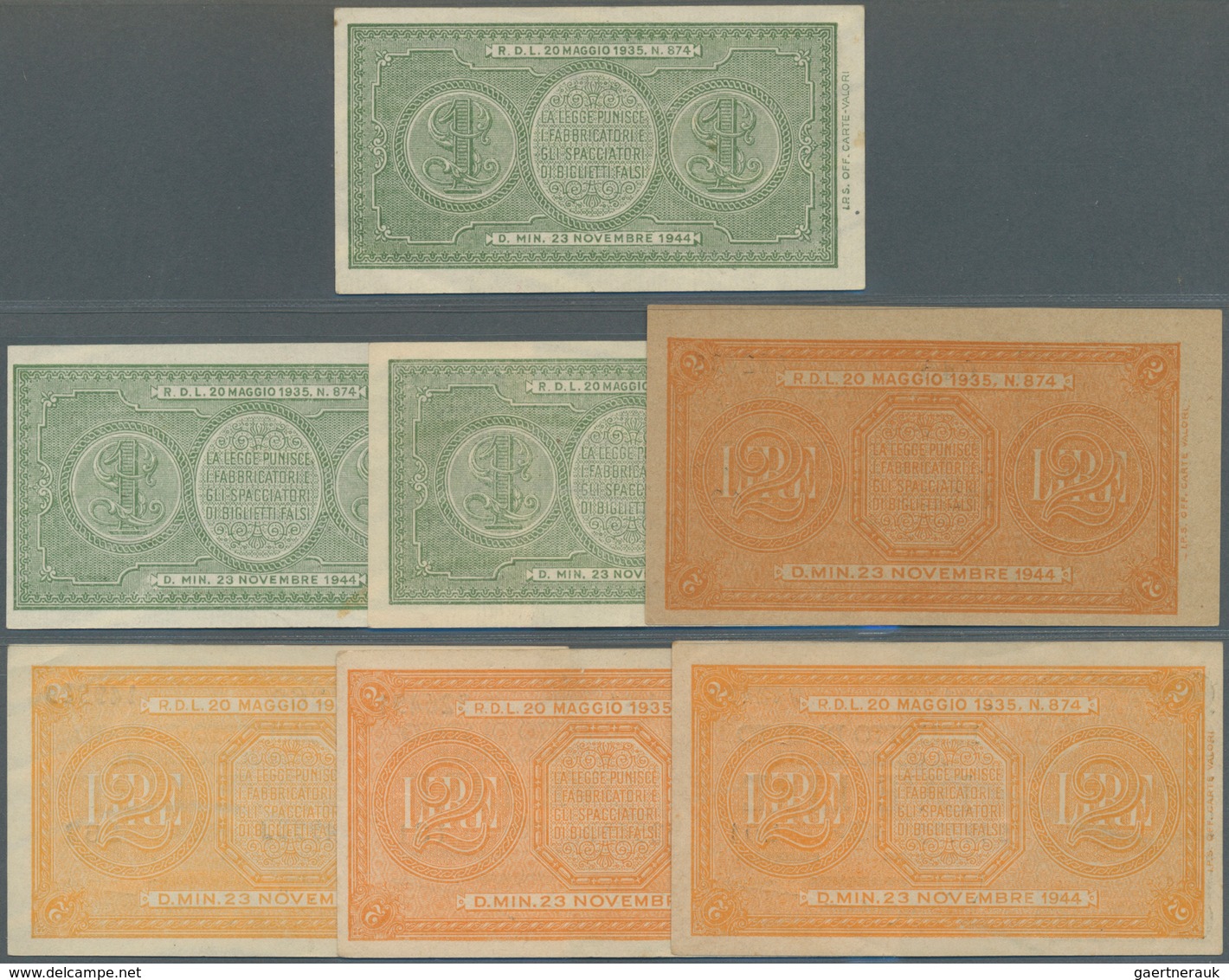 Italy / Italien: Set Of 19 Notes Containing 3x 1 Lire 1944 P. 29 (2x VF-XF, 1x UNC), 4x 2 Lire 1944 - Andere & Zonder Classificatie