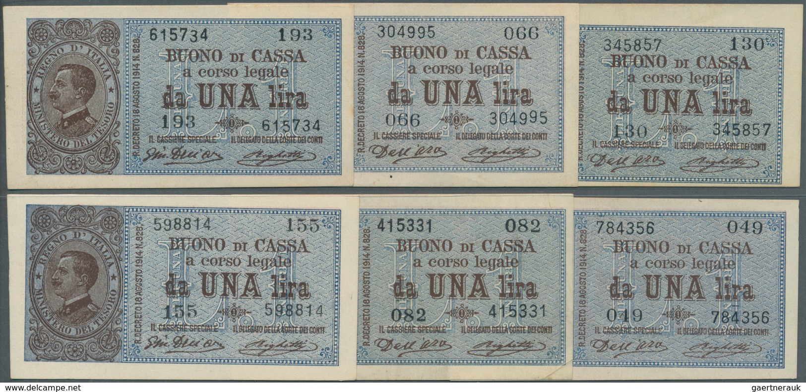 Italy / Italien: Set Of 6 Notes 1 Lira D.1914 P. 36 In Nice Condition, Crisp Original Paper And Brig - Andere & Zonder Classificatie