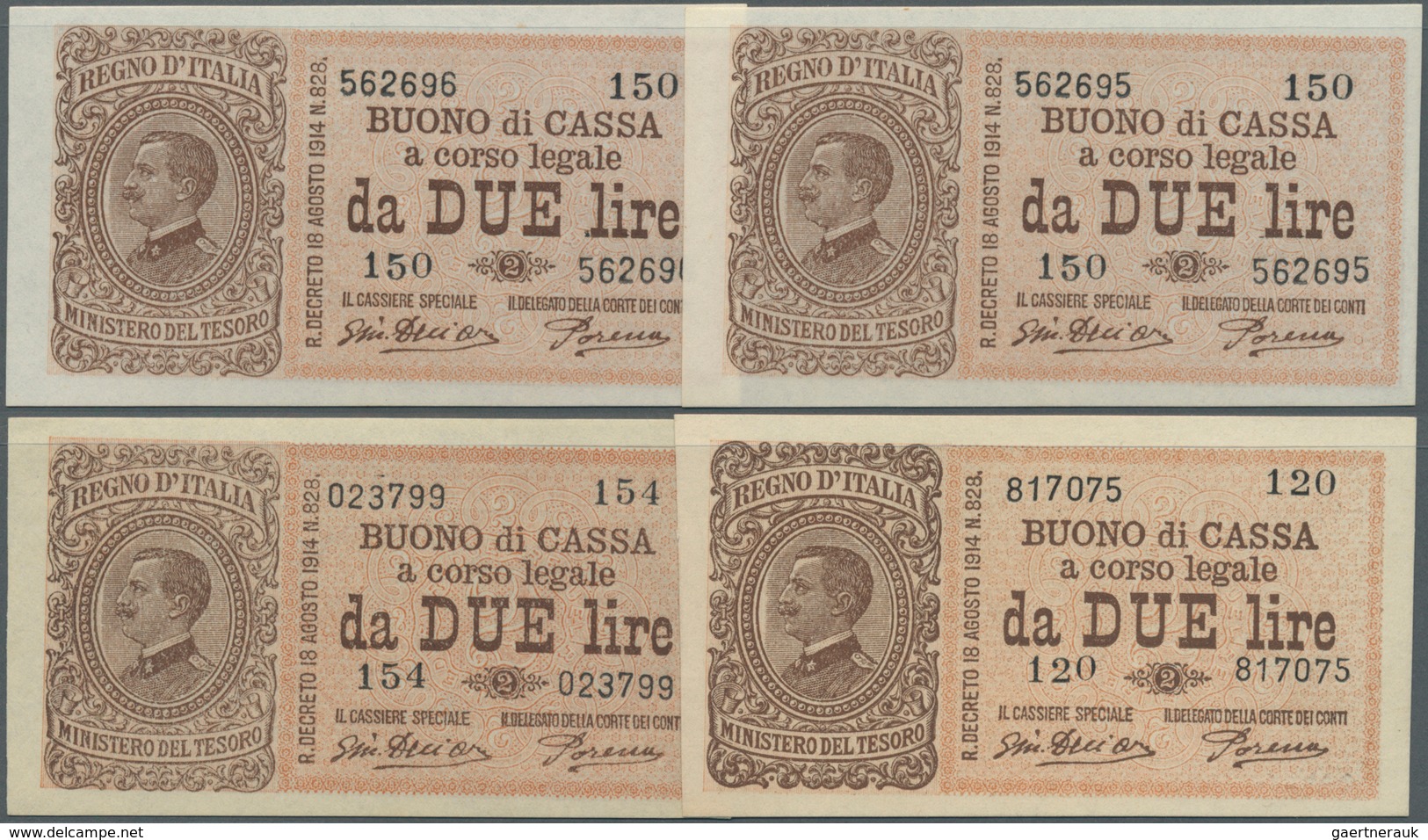 Italy / Italien: Set Of 4 Notes 2 Lire D.1914 P. 37, Two Of Them Even With Consecutive S/N #562695 - - Otros & Sin Clasificación