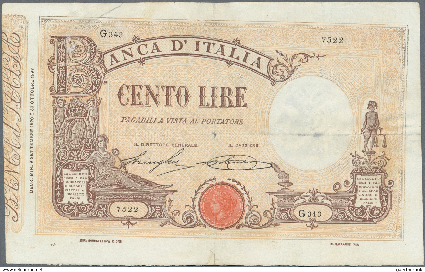 Italy / Italien: Set Of 3 Notes 100 Lire 1905/19/20, All Notes Used With Folds, Light Stain, Two Of - Andere & Zonder Classificatie