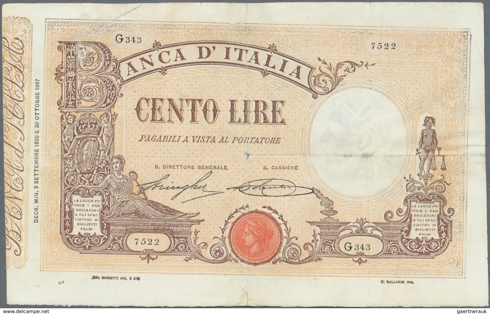 Italy / Italien: Set Of 3 Notes 100 Lire 1905/19/20, All Notes Used With Folds, Light Stain, Two Of - Otros & Sin Clasificación