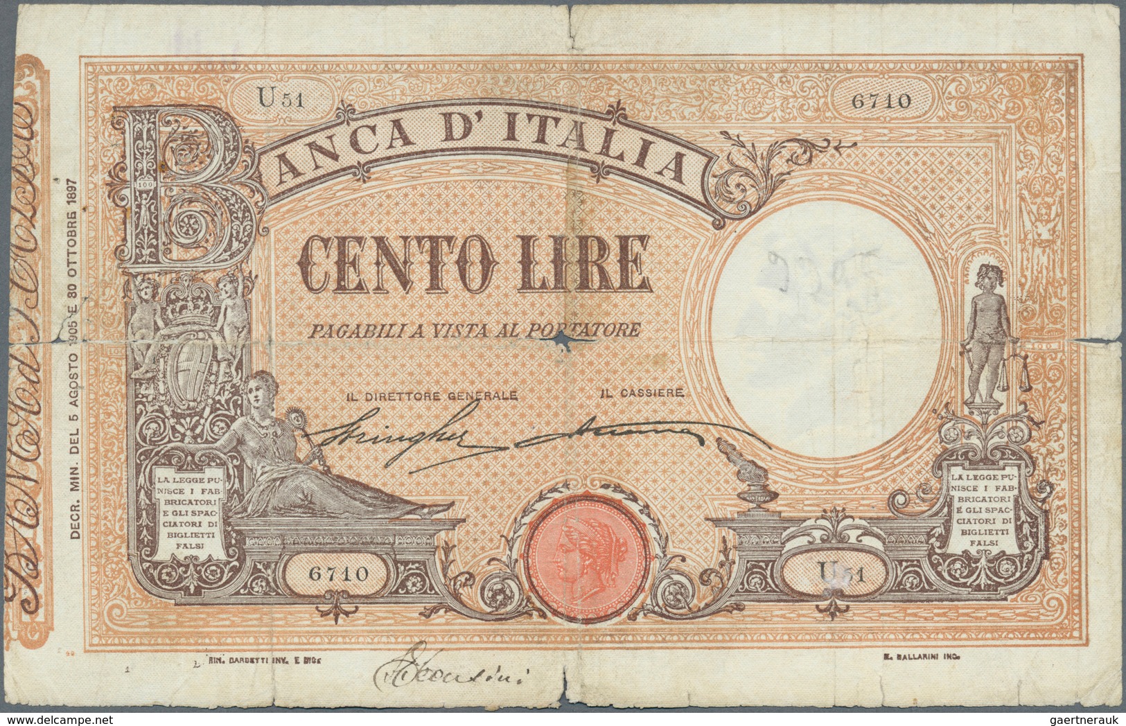 Italy / Italien: Set Of 3 Notes 100 Lire 1905/19/20, All Notes Used With Folds, Light Stain, Two Of - Autres & Non Classés