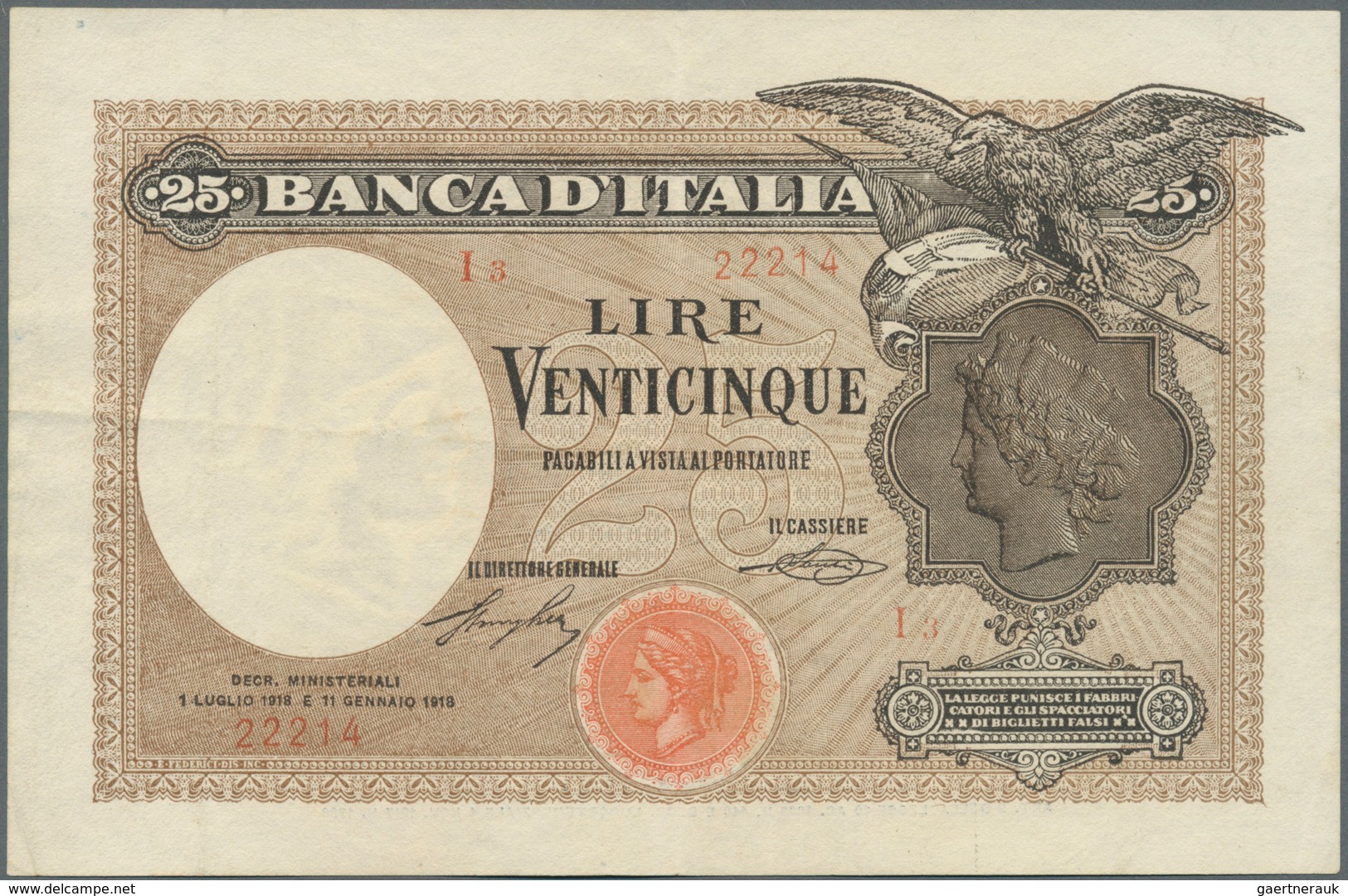 Italy / Italien: Rare Banknote Of 25 Lire 1918 P. 42 In Exceptional Condition With Light Center And - Autres & Non Classés