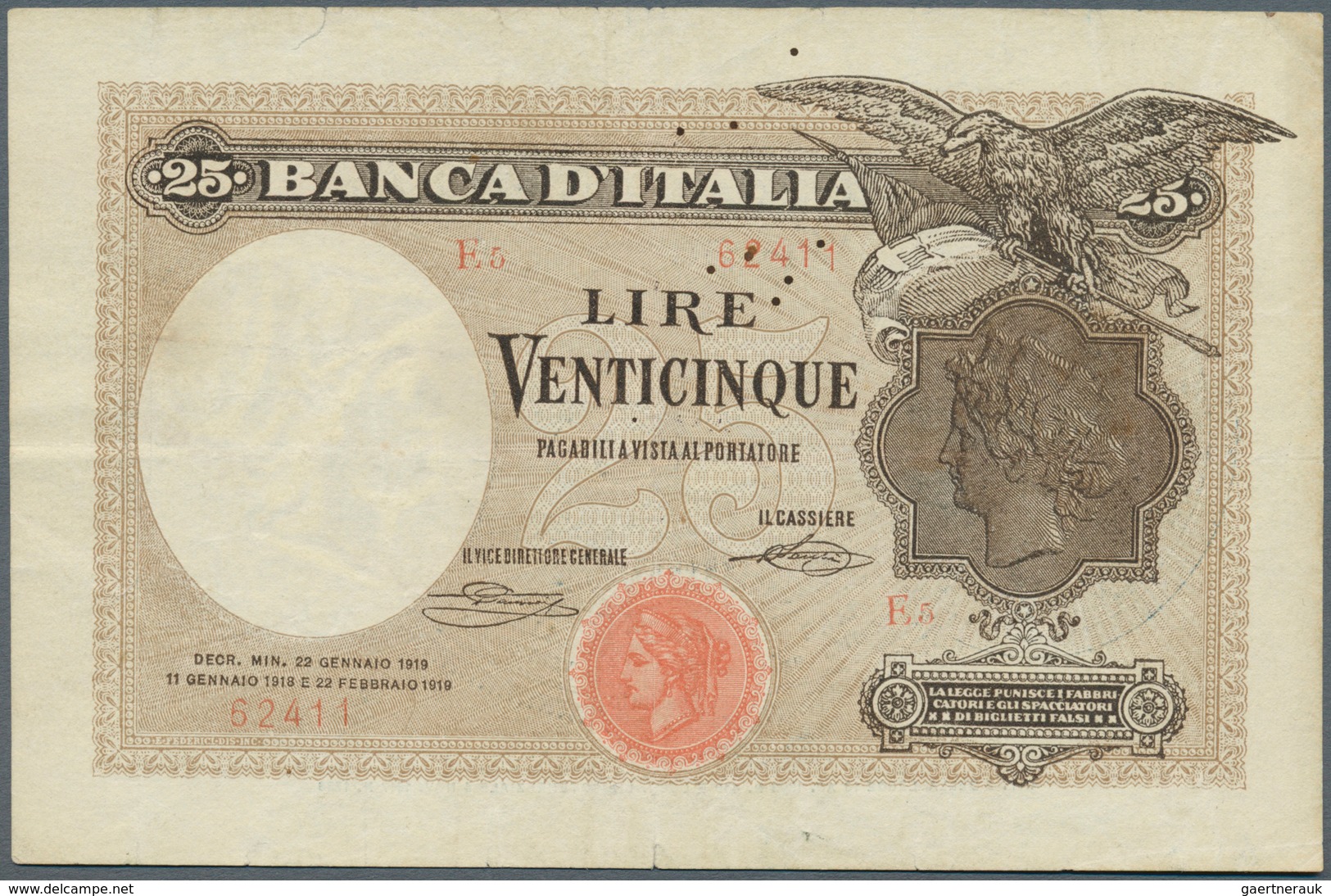 Italy / Italien: 25 Lire 1918/1919 P. 42b, Seldom Seen Issue, This One Is Vertically And Horizontall - Andere & Zonder Classificatie