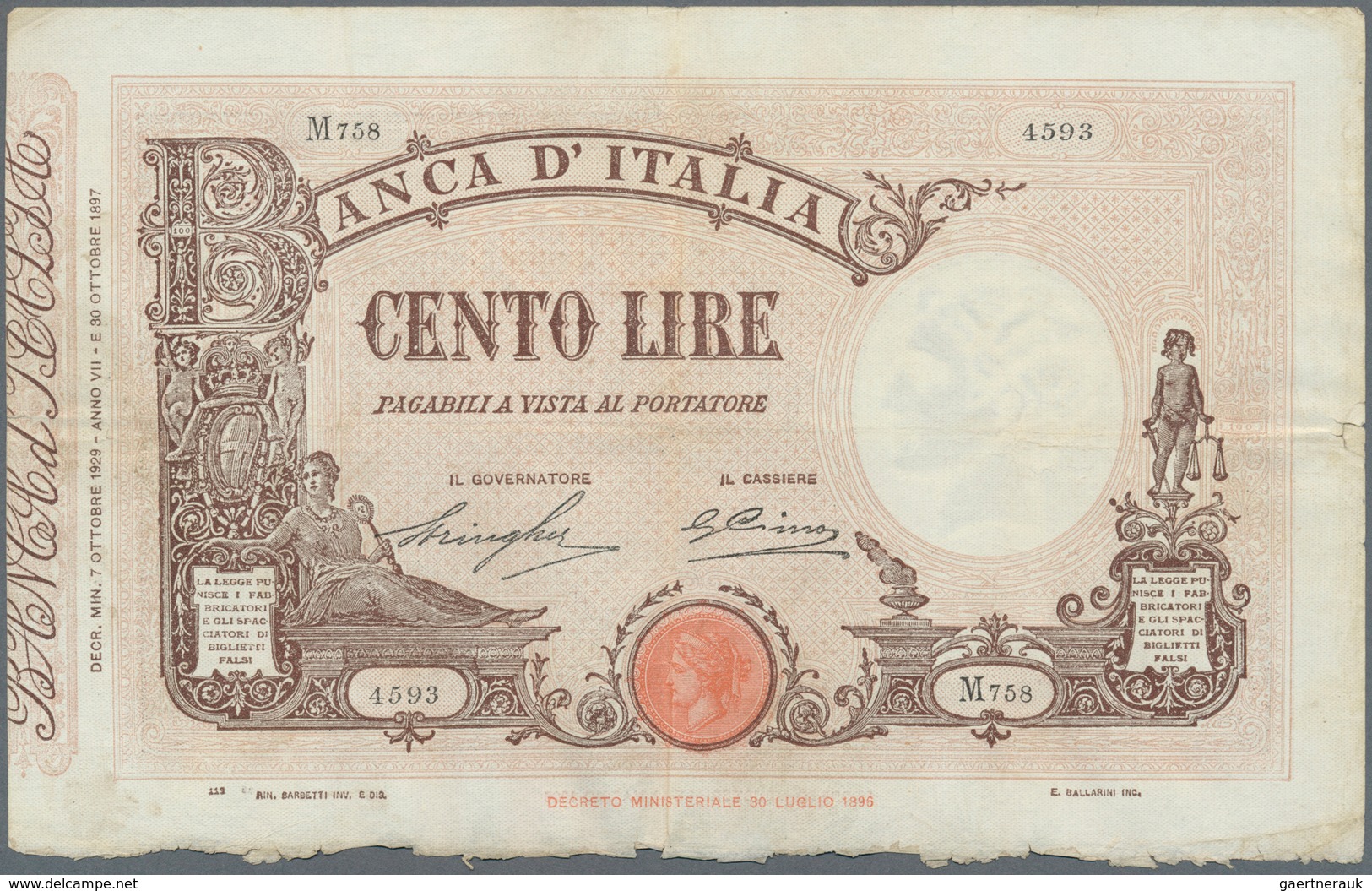 Italy / Italien: Set Of 5 Notes Containing 100 Lire 1927/29/30 P. 48, All Used With Light Folds, Pre - Andere & Zonder Classificatie