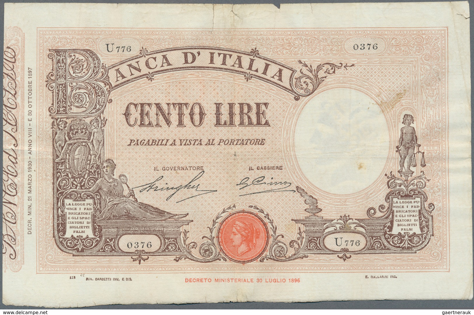 Italy / Italien: Set Of 5 Notes Containing 100 Lire 1927/29/30 P. 48, All Used With Light Folds, Pre - Andere & Zonder Classificatie