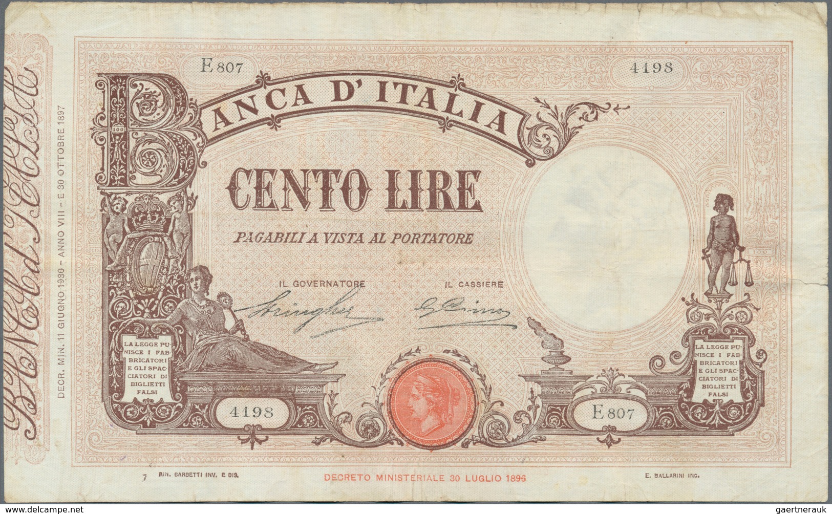 Italy / Italien: Set Of 5 Notes Containing 100 Lire 1927/29/30 P. 48, All Used With Light Folds, Pre - Sonstige & Ohne Zuordnung