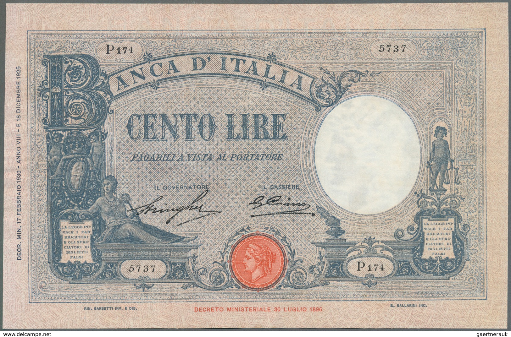 Italy / Italien: 100 Lire 1930 P. 50, Pressed With Wavy Paper At Borders But No Holes Or Tears, No S - Sonstige & Ohne Zuordnung