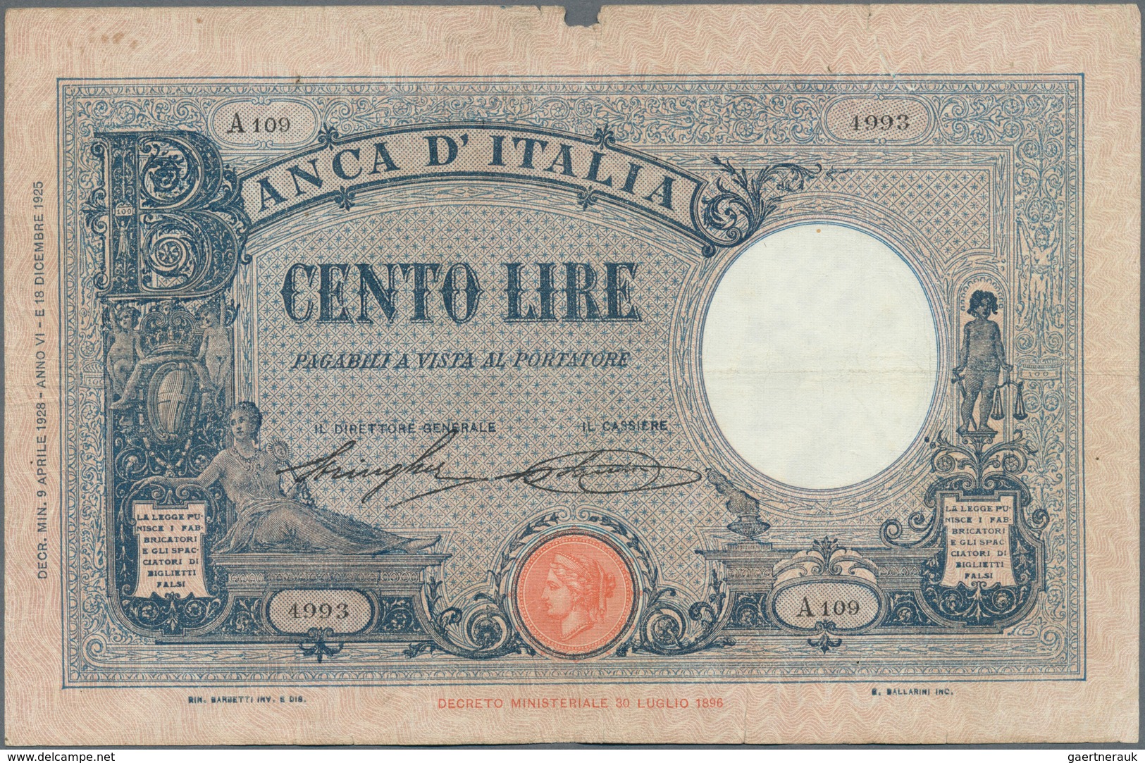 Italy / Italien: set of 6 notes of 100 Lire 1926/28/29/33/34 P. 50, all used with folds, border tear