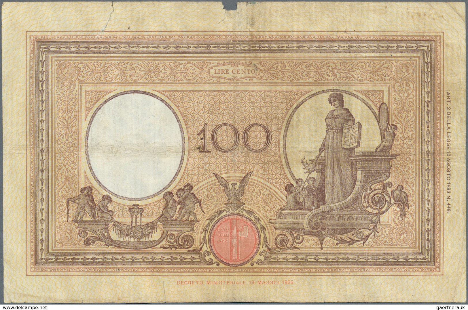 Italy / Italien: set of 6 notes of 100 Lire 1926/28/29/33/34 P. 50, all used with folds, border tear