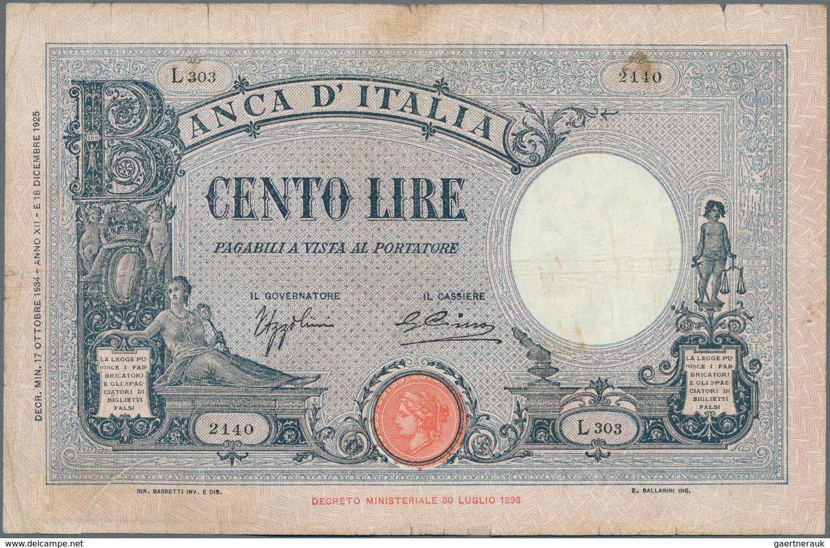 Italy / Italien: set of 6 notes of 100 Lire 1926/28/29/33/34 P. 50, all used with folds, border tear