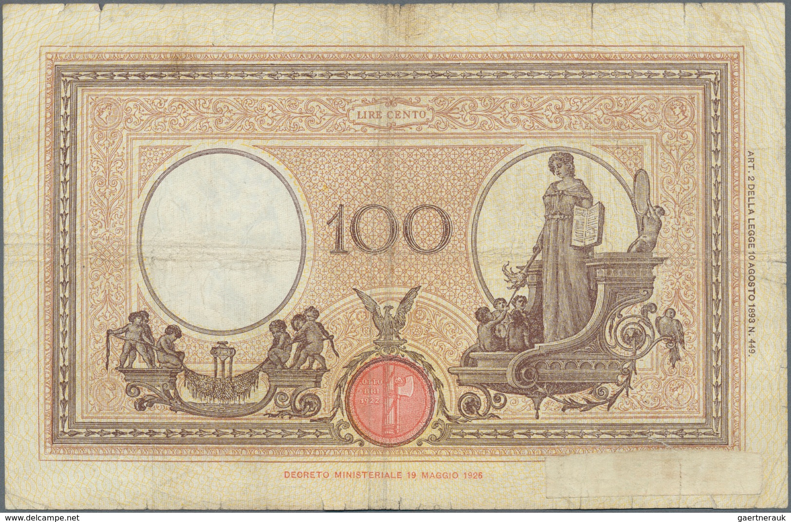 Italy / Italien: set of 6 notes of 100 Lire 1926/28/29/33/34 P. 50, all used with folds, border tear